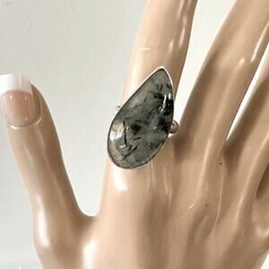 Black rutilated quartz gemstone ring stamp 925 silver overlay size adjustable
